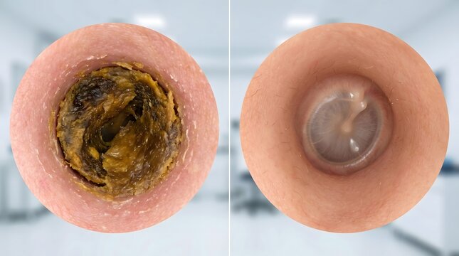 Impacted Earwax Compared with Healthy Ear Canal Medical Illustration