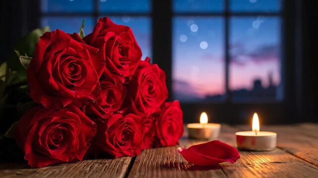 Close-up of red roses and candlelight at the table, romantic red rose candlelight dinner