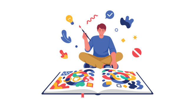 A man sits cross-legged behind a large open book filled with colorful abstract art while holding a paintbrush surrounded by creative symbols.