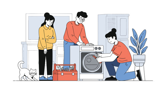 Skillful team of technicians and a white cat watching as they work together to repair a front-loading washing machine inside a modern home.