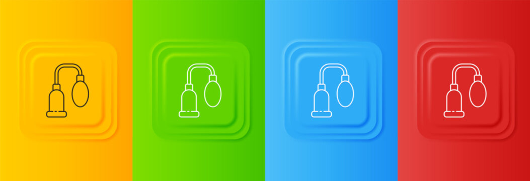 White Penis pump icon isolated on colorful background. Penis enlarger. Sex toy for men. Vacuum pump with a blower to increase the penis. Set icons in square buttons. Vector