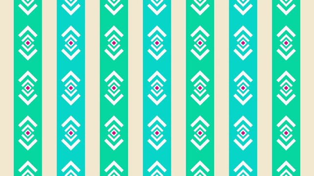 Seamless loop animation of an abstract geometric pattern moving up and down on solid green and blue stripes over a solid cream background layout