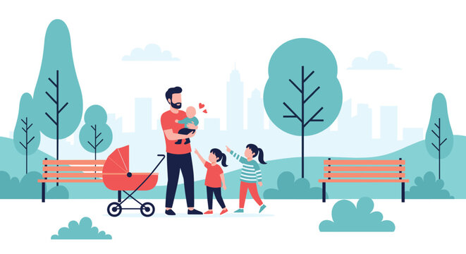 Devoted father walking in a city park with his baby in a stroller and two daughters on a sunny day with trees and city buildings.