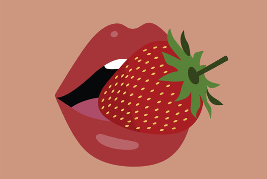 Detailed illustration of human lips with red lipstick biting into a large ripe red strawberry on a neutral background.