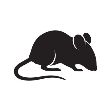 Side profile view of a black mouse silhouette isolated on white background for pest control symbol.