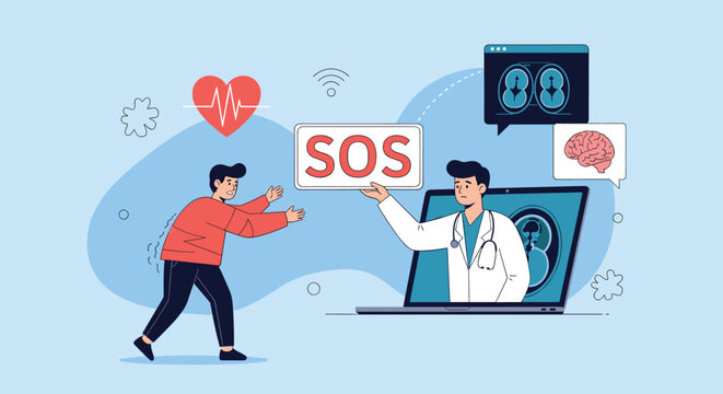 Medical consultation online showing a doctor holding an sos sign from a laptop screen to help a patient.