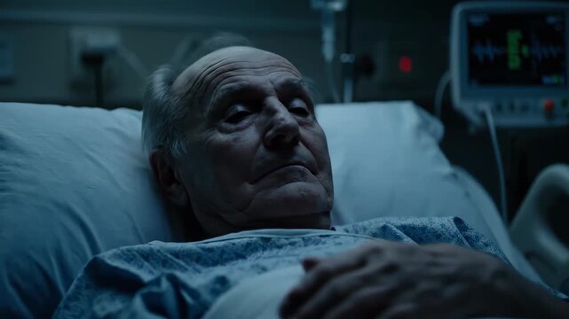The elderly man lying in the hospital bed, a close-up of the elderly man in the bed