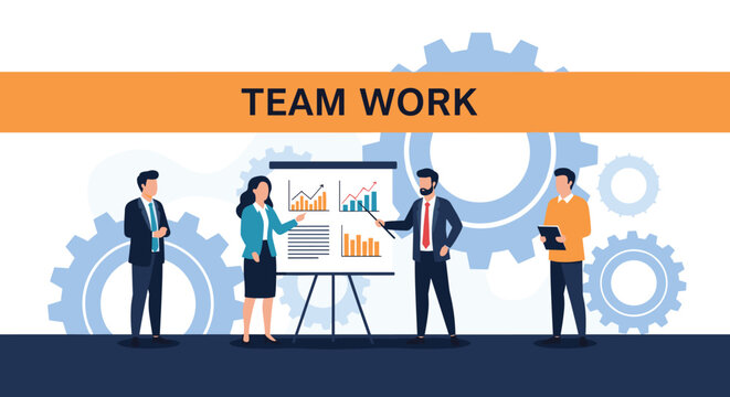 Professional team collaborating on a business presentation with data charts and graphs to achieve shared corporate goals and success.