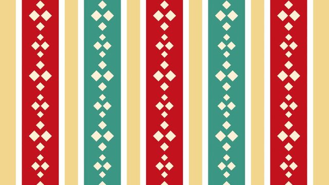 Seamless loop animation of an abstract geometric diamond pattern on red and green stripes moving up and down over a solid cream background layout