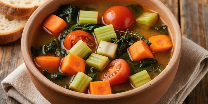 Warm vegetable soup bowl with carrots celery tomatoes and greens on rustic wood table. Healthy food for winter meal. Served with fresh bread slices.