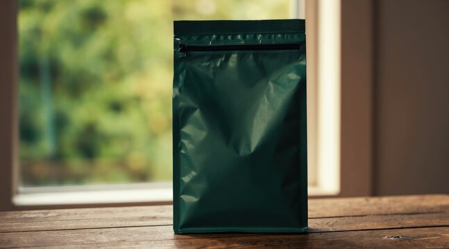 Dark green sealed pouch sits on wooden table. Packaging has zipper closure for sealing products. Background shows blurred outdoor nature scene from window.