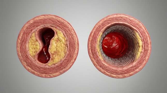 Blocked Coronary Artery Compared with Stent Treated Artery Medical Illustration