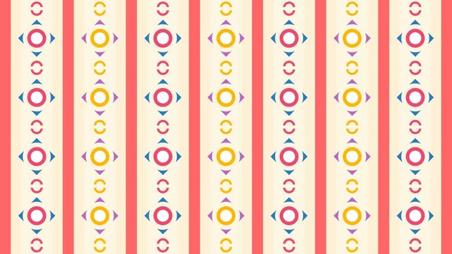 Seamless loop animation of an abstract geometric pattern with circle layouts moving up and down on orange and cream pastel stripes background