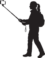 Naklejka premium Print Silhouette of a woman hiking with a backpack taking a selfie with a stick