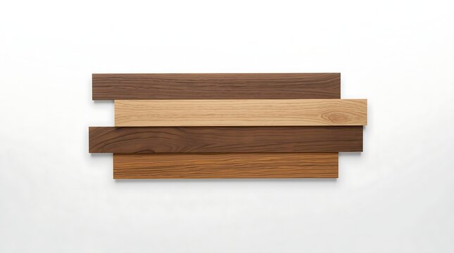 Wooden planks arranged horizontally, showcasing various wood tones and textures against a white backdrop.
