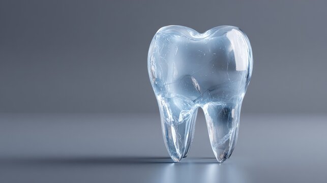A clear, crystalline tooth sculpture, glowing with internal light, on a smooth surface