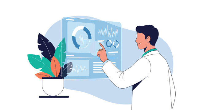 Professional scientist or doctor interacting with a futuristic digital interface displaying health data and medical analytics charts.