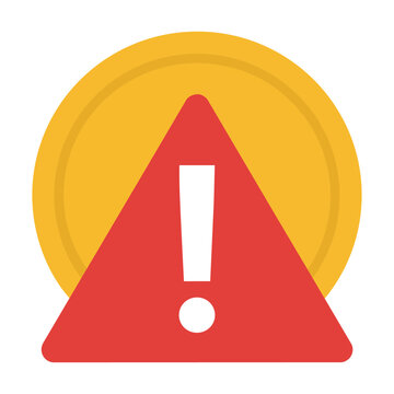 Minimalist icon featuring a circular coin shape and an equilateral warning triangle with an exclamation mark on a white background, financial safety alert concept