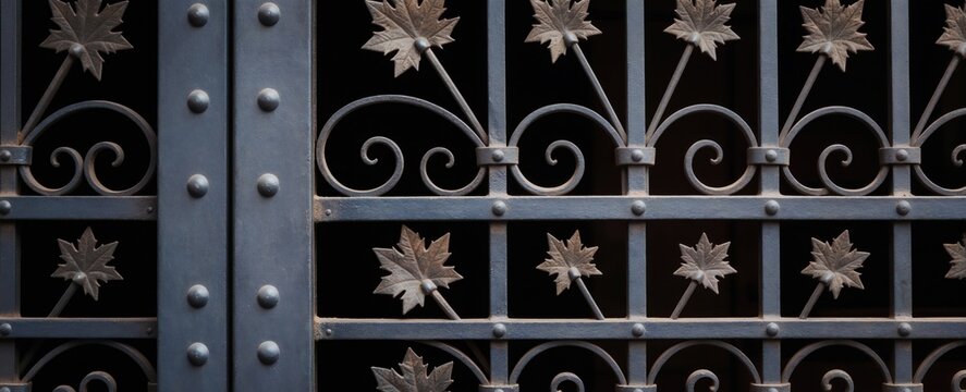 Ornate forged metal gate with leaf motifs. Intricate wrought ironwork design features scrolls and studs. Decorative barrier adds historic style to property entrance.