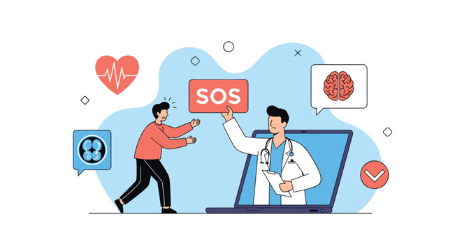 Medical telemedicine concept with a patient reaching out to a doctor through a laptop screen for urgent help and emergency care.