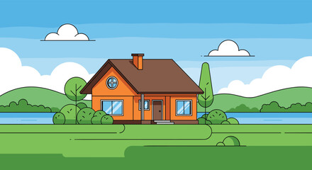 Naklejka premium Beautiful simple house illustration in a rural landscape with green hills a river and white clouds under a clear blue sky.