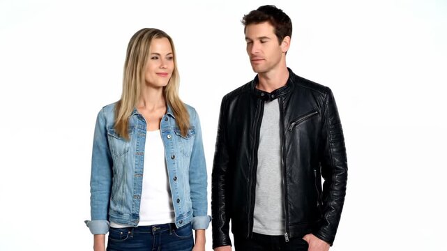 Male and female models denim and leather clothing display, fashionable male and female doubles
