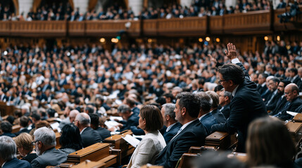 Fototapeta premium Parliament chamber packed with legislators mid-debate, opposition members rising from oak benches waving printed amendments while stenographers and gallery spectators lean forward