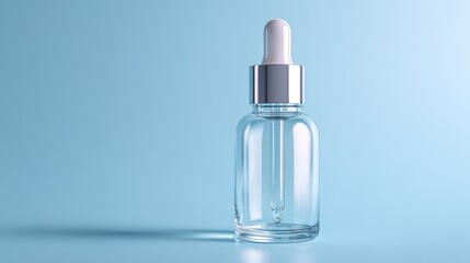 Naklejka premium Clear glass dropper bottle with silver cap and white applicator on a blue backdrop