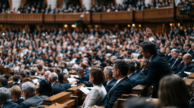 Parliament chamber packed with legislators mid-debate, opposition members rising from oak benches waving printed amendments while stenographers and gallery spectators lean forward