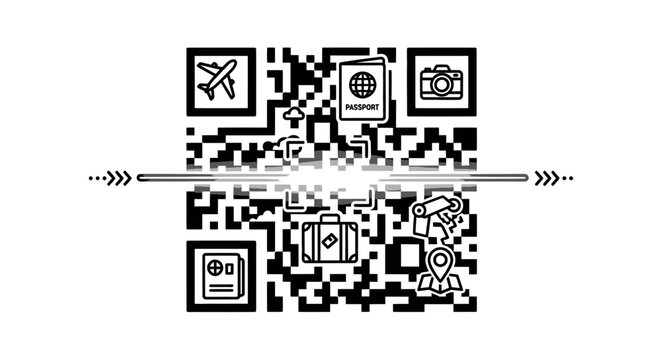 Travel concept QR code with airplane passport and camera icons