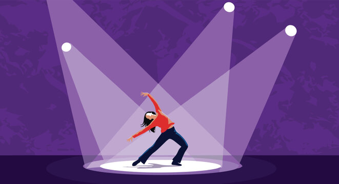 Professional dancer performing a graceful move on a dark stage under three bright purple spotlights for a theater performance.
