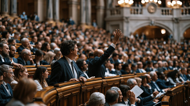 Parliament chamber packed with legislators mid-debate, opposition members rising from oak benches waving printed amendments while stenographers and gallery spectators lean forward
