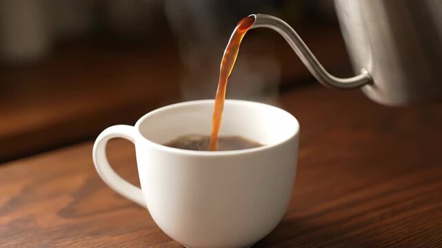 Metal pot pour drink into white porcelain cup, coffee into cup close-up