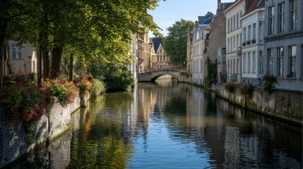 Fototapeta premium Scenic view of a tranquil canal lined with charming architecture and lush trees in a picturesque European town during a sunny afternoon