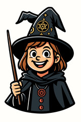 Obraz premium Cute Little Witch Girl Flat Vector Illustration Happy Wizard Character Holding Magic Wand Esoteric Halloween Mascot Costume Hexagram Star Hat Fantasy Avatar Sticker Graphic Design Art 