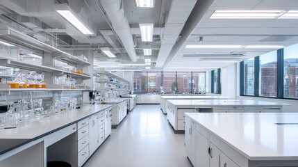 Fototapeta premium Modern, bright laboratory with extensive workstations, equipment, and large windows