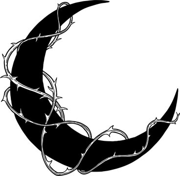 Gothic crescent moon wrapped in thorny vines vector illustration