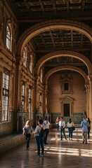 Obraz premium Sunlight streams into ornate hall, illuminating people admiring historical architecture
