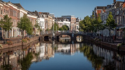 Fototapeta premium Scenic canal view showcasing charming architecture and reflections in the water on a sunny day in a vibrant European city