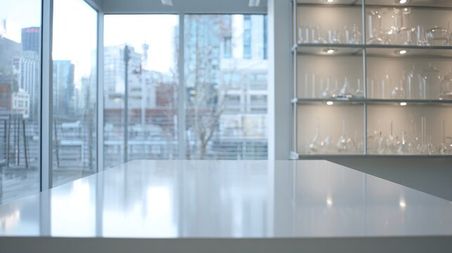 Sleek white counter overlooks city view, with laboratory glassware displays