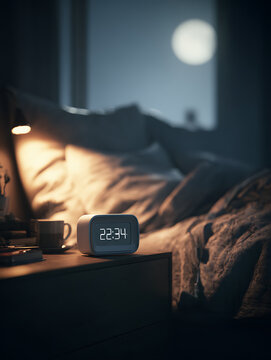 Digital alarm clock showing late night time on a bedside table next to a bed