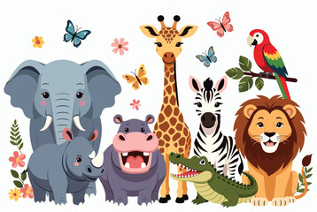 Naklejka premium Colorful collection of cute safari animals including an elephant, giraffe, lion, zebra, hippo, rhino, crocodile, and parrot for children.