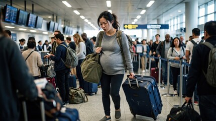Fototapeta premium Weary pregnant East Asian woman carrying heavy bags and pulling a blue suitcase through a crowded airport terminal, capturing the stress of travel with cool, realistic ambient lighting.