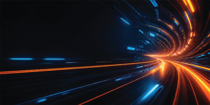 Night city traffic on road with glowing lights and motion blur showing fast cars on highway and urban street travel at dark night