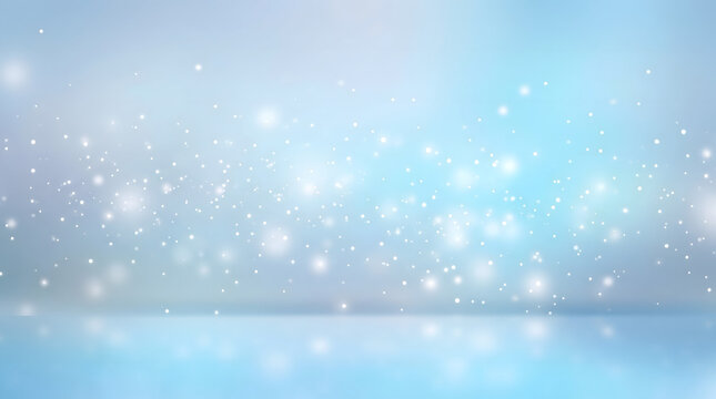 Soft blue background with floating white bokeh lights and reflections glitter