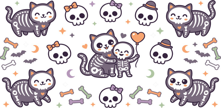 Cute Halloween Skeleton Cat Collection with Skulls Bones Bats and Adorable Spooky Cartoon Vector Illustration Set