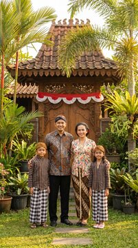 Happy Javanese Family wearing Traditional Batik and Kebaya Portrait in front of Joglo House
