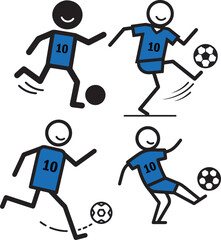 Fototapeta premium Stick figure soccer players, blue number 10 jersey, football action poses, and simple sports icons. Minimal vector set.