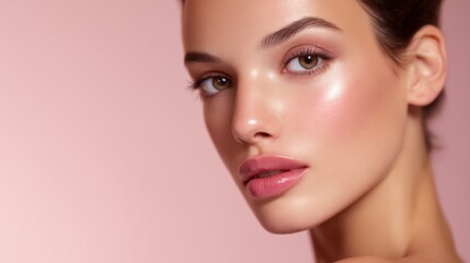 Fototapeta premium Portrait of a Beautiful Woman with Natural Makeup and Radiant Skin on a Soft Pink Background, Capturing Elegance and Youthful Glow in Fashion Photography