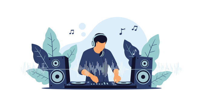 Professional DJ wearing headphones performing a music set at a turntable with speakers and stylized leaves in the background.